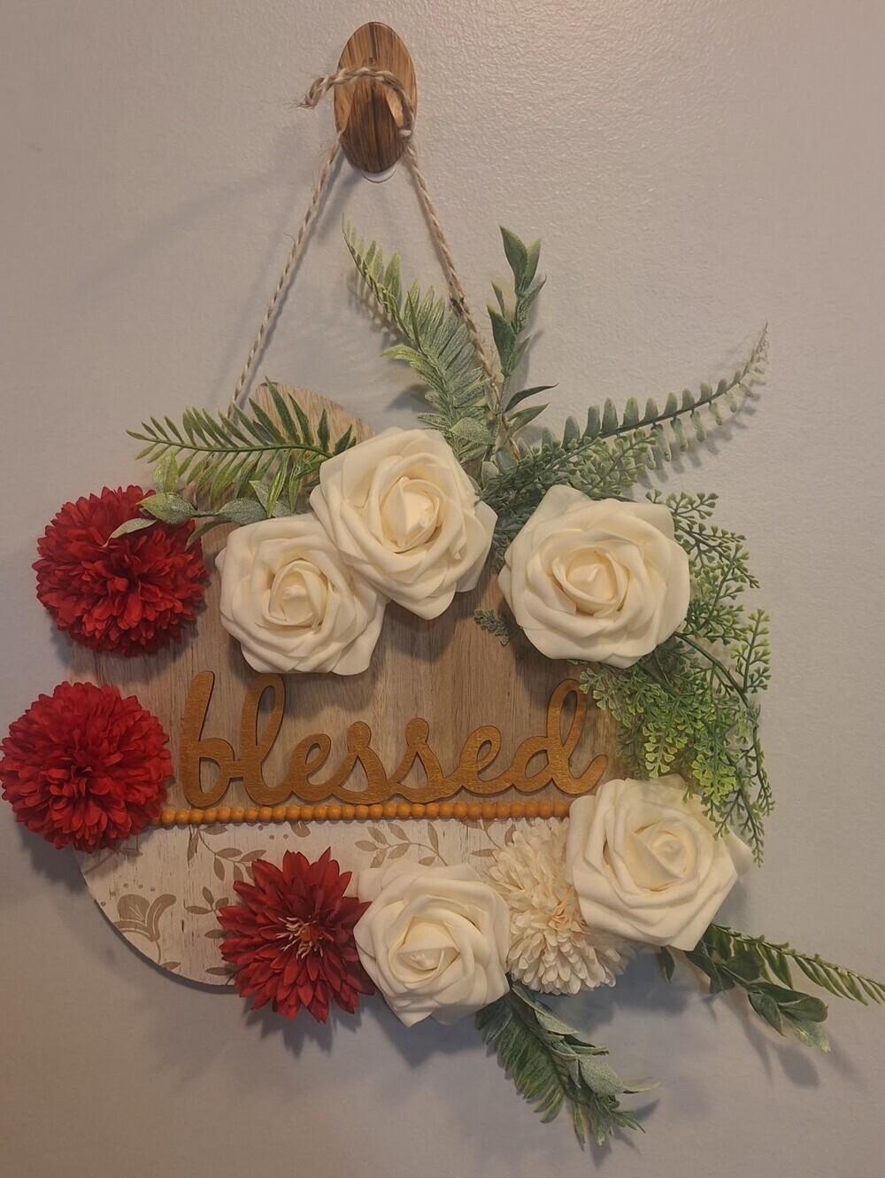 "Blessed" Floral Wall Hanging - Cream & Red Home Accent